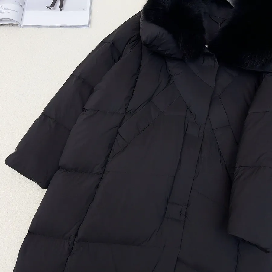 MaXMara Simple Hooded Fox Fur Long Down Coat with Dust Bag