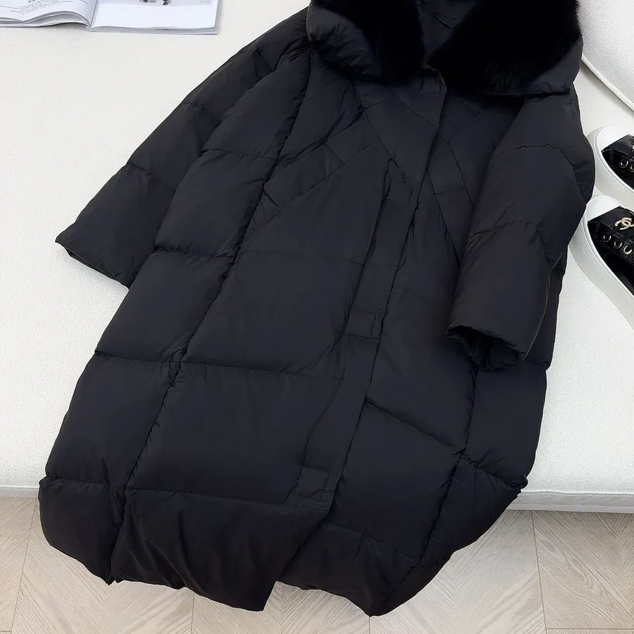 MaXMara Simple Hooded Fox Fur Long Down Coat with Dust Bag