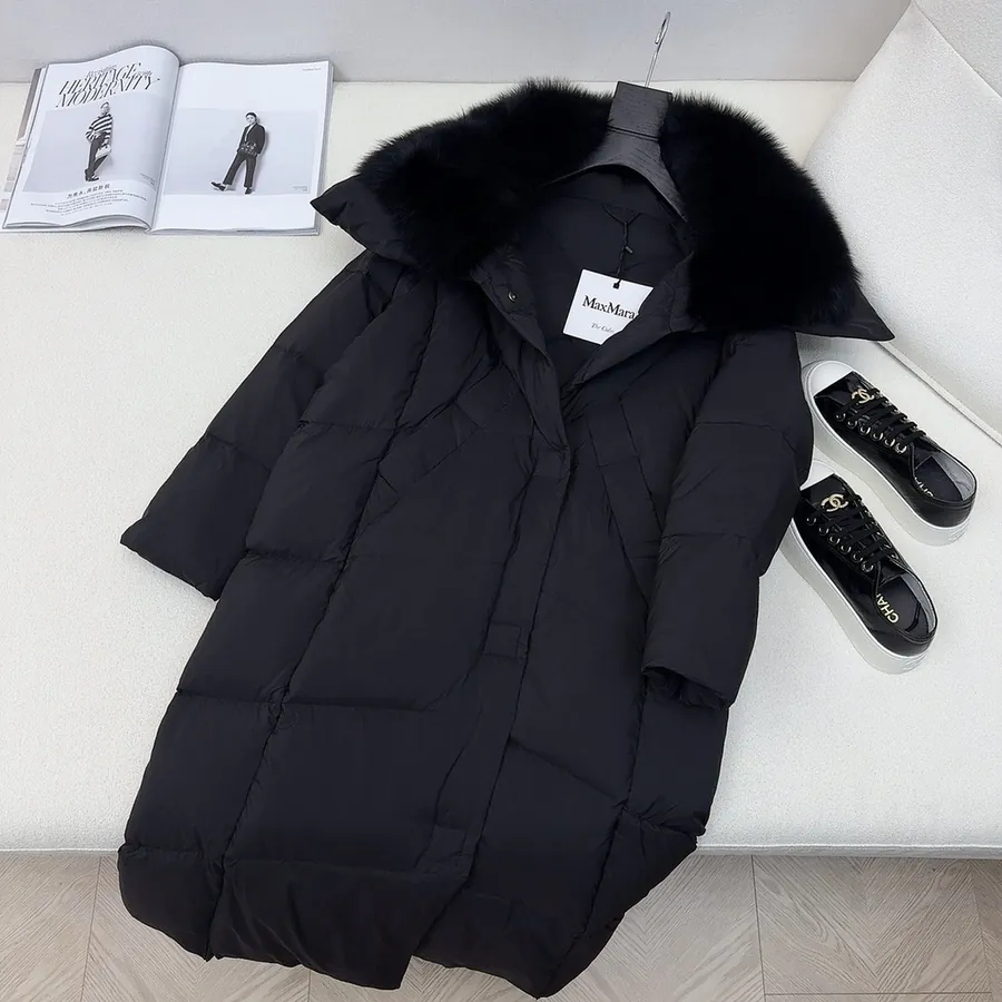 MaXMara Simple Hooded Fox Fur Long Down Coat with Dust Bag