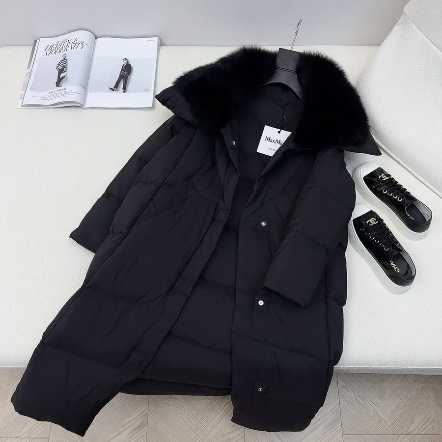 MaXMara Simple Hooded Fox Fur Long Down Coat with Dust Bag
