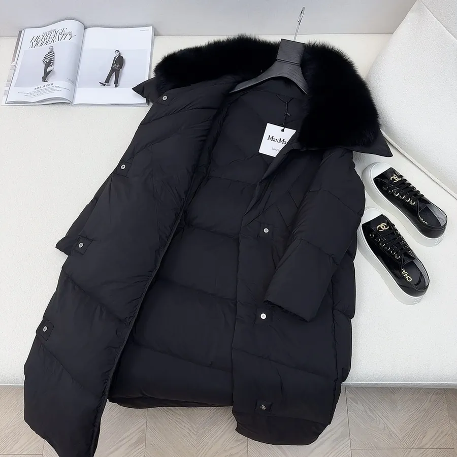 MaXMara Simple Hooded Fox Fur Long Down Coat with Dust Bag