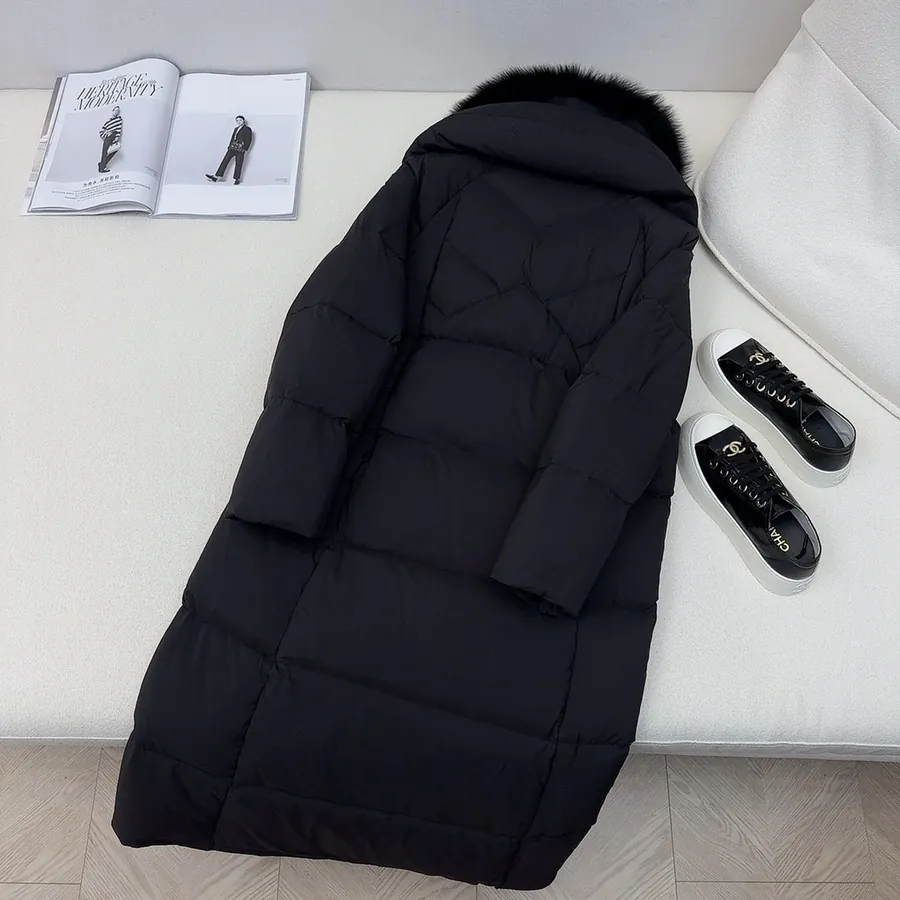 MaXMara Simple Hooded Fox Fur Long Down Coat with Dust Bag