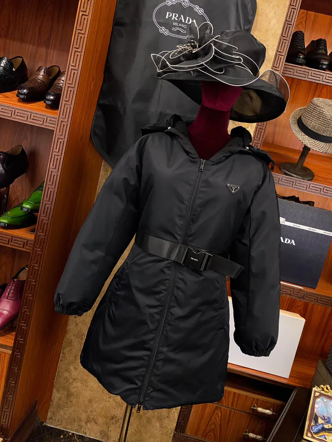 PRAD@ Regenerative Nylon Down Coat with Grained Calfskin Trim