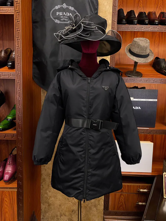 PRAD@ Regenerative Nylon Down Coat with Grained Calfskin Trim