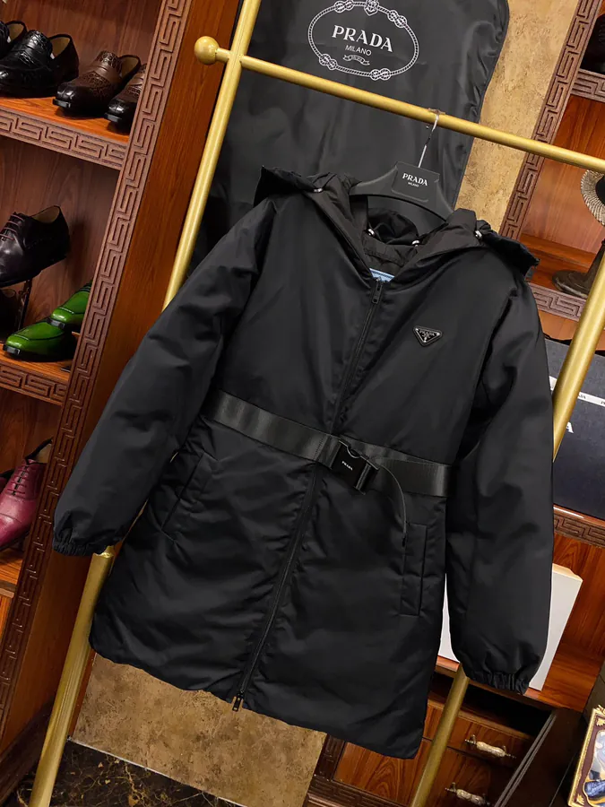 PRAD@ Regenerative Nylon Down Coat with Grained Calfskin Trim