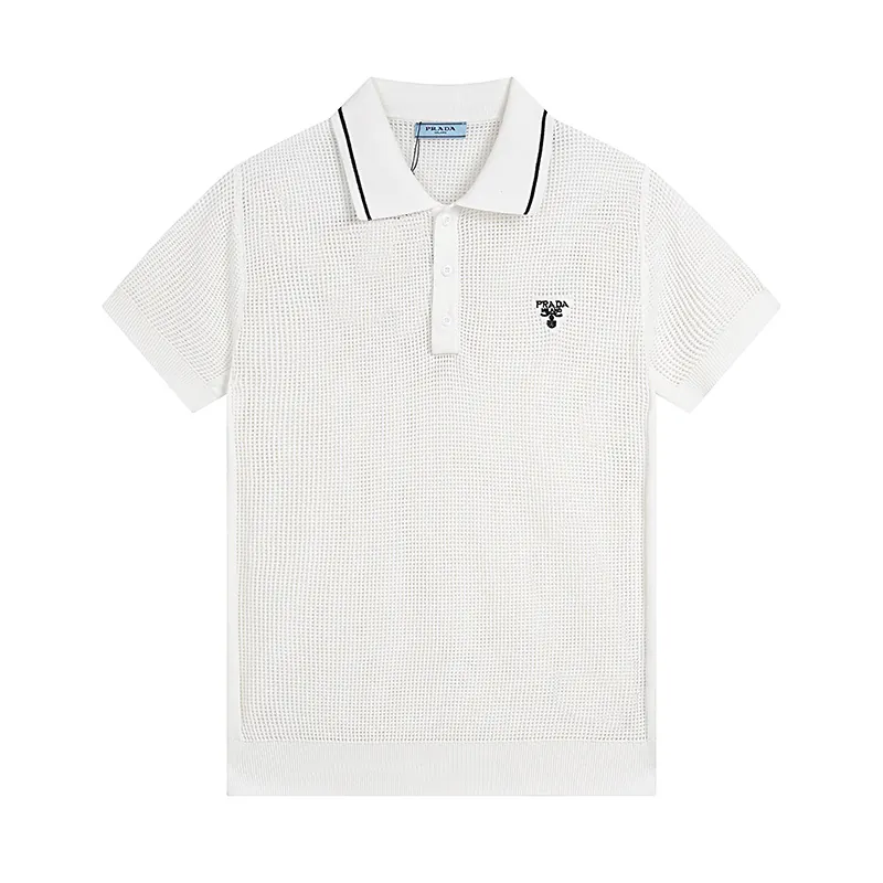 PRAD 25SS Spring Summer New Embroidered Fashion Cotton Blend Mesh镂空 Knit Cotton Crewneck Short Sleeve