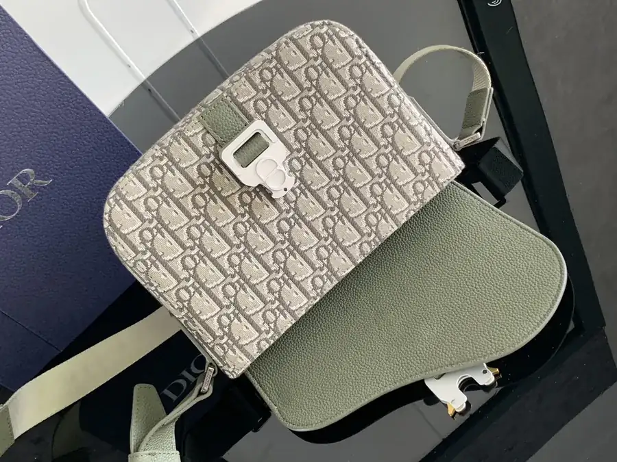 Small Saddle Messenger Bag with Flip Closure Khaki Oblique Print