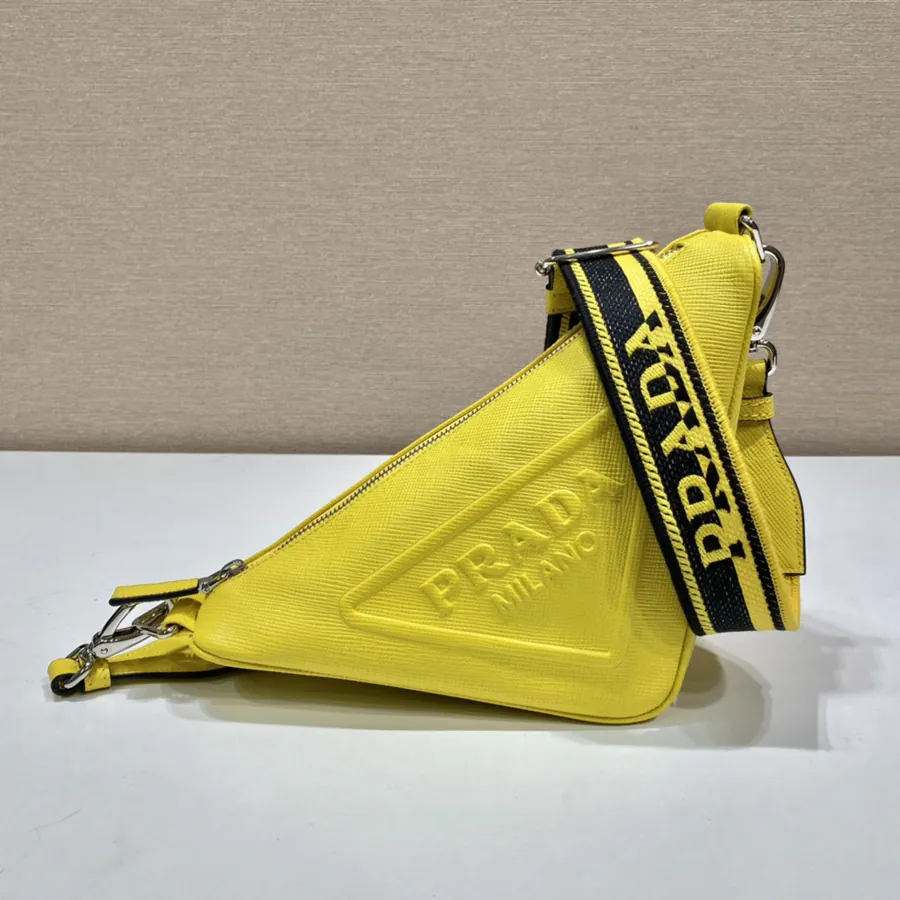 P Brand Saffiano Leather Triangular Bag with Embroidered Strap