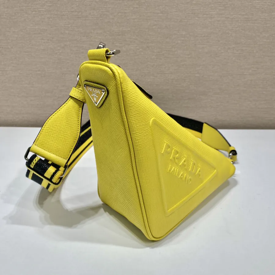 P Brand Saffiano Leather Triangular Bag with Embroidered Strap