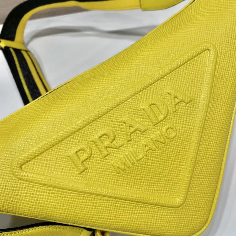P Brand Saffiano Leather Triangular Bag with Embroidered Strap