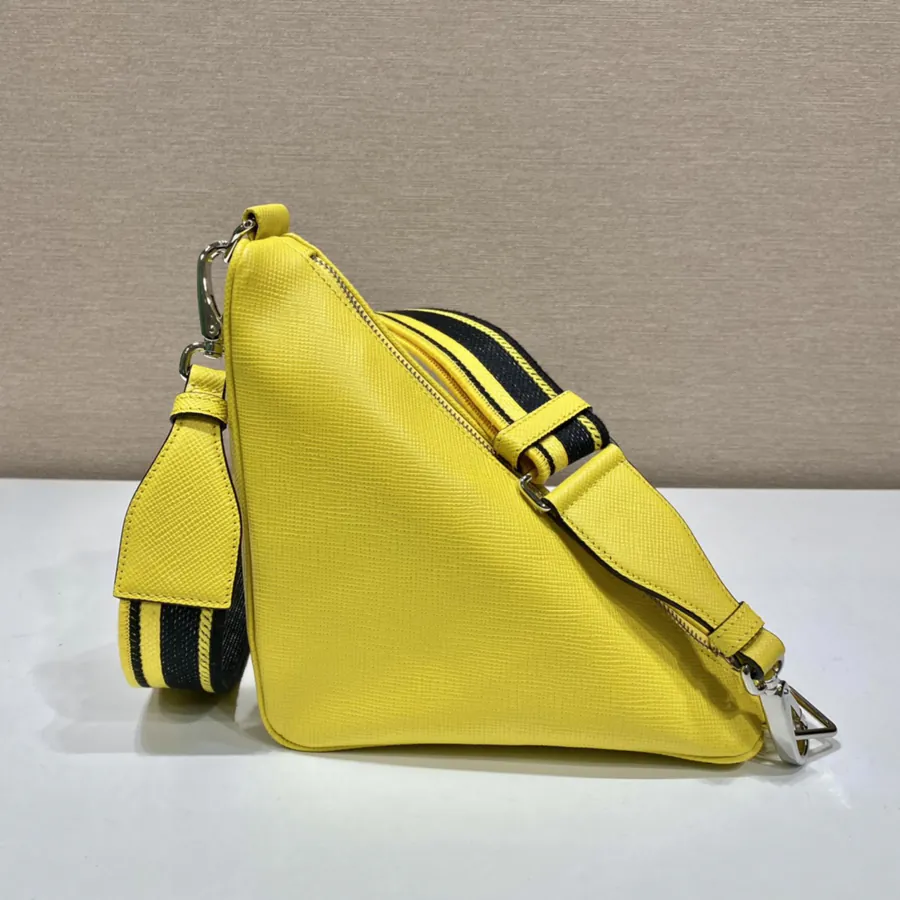 P Brand Saffiano Leather Triangular Bag with Embroidered Strap