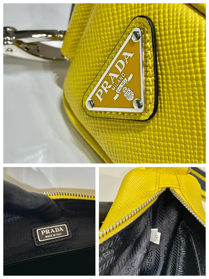 P Brand Saffiano Leather Triangular Bag with Embroidered Strap