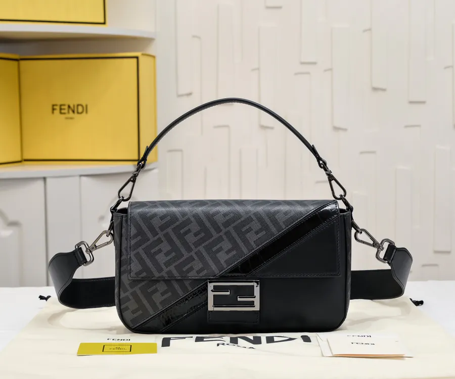 High Version Baguette Handbag with Black Leather and Reused Fabric