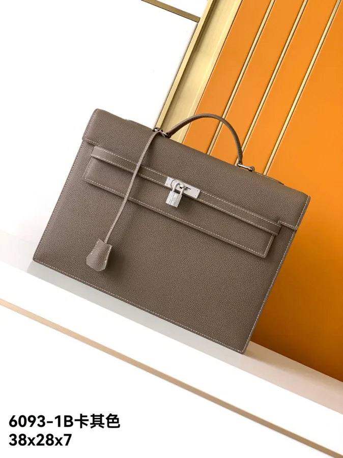New Business Briefcase 6093 1B, Khaki Color, Premium Italian Top Grain Calfskin