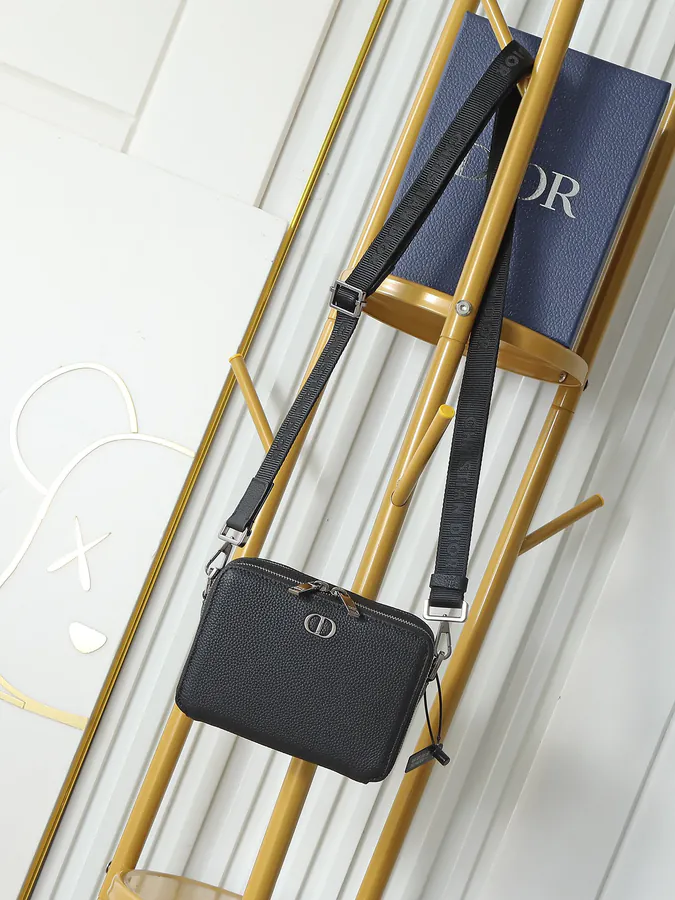 Icon Logo Zip Crossbody Bag with Adjustable Strap Black Grained Calfskin