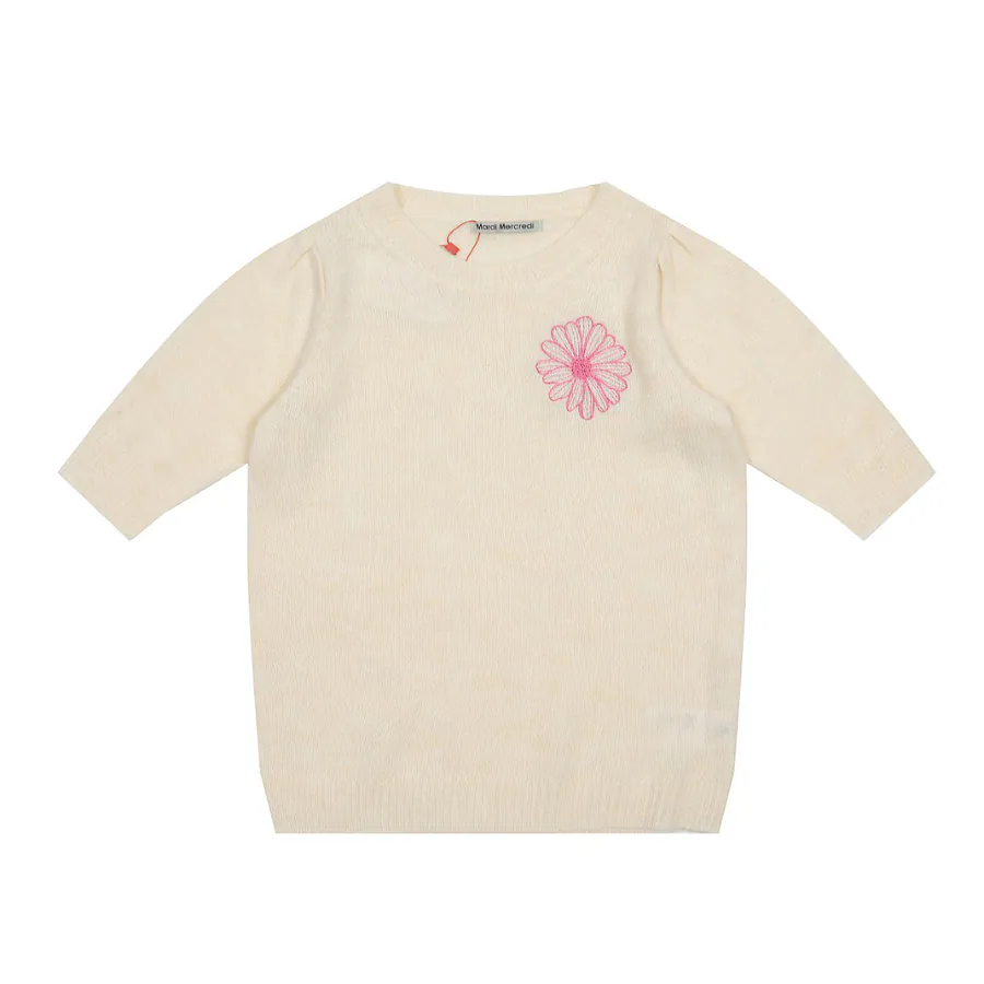 Mardi Mercredi Round Neck Daisy Embroidery Logo Knit Tee