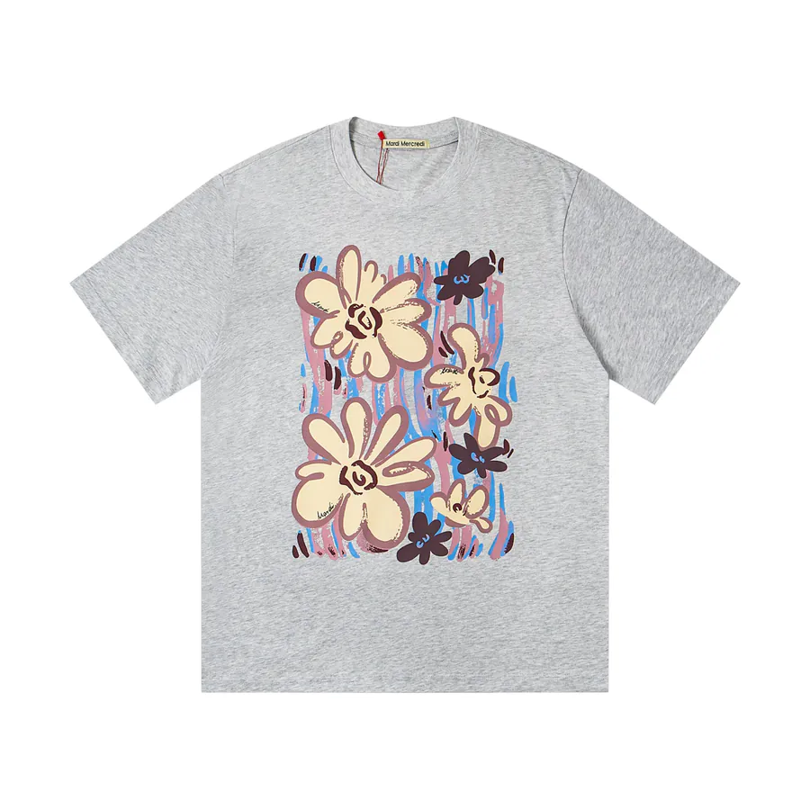Mardi Mercredi Sweet Graffiti Flower Series Round Neck Short Sleeve T Shirt