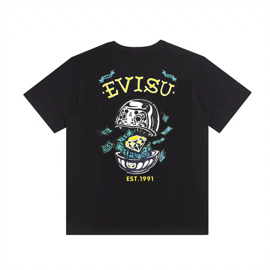 EVISU Summer T Shirt with 260g Double Yarn, Pure Cotton, Black and White