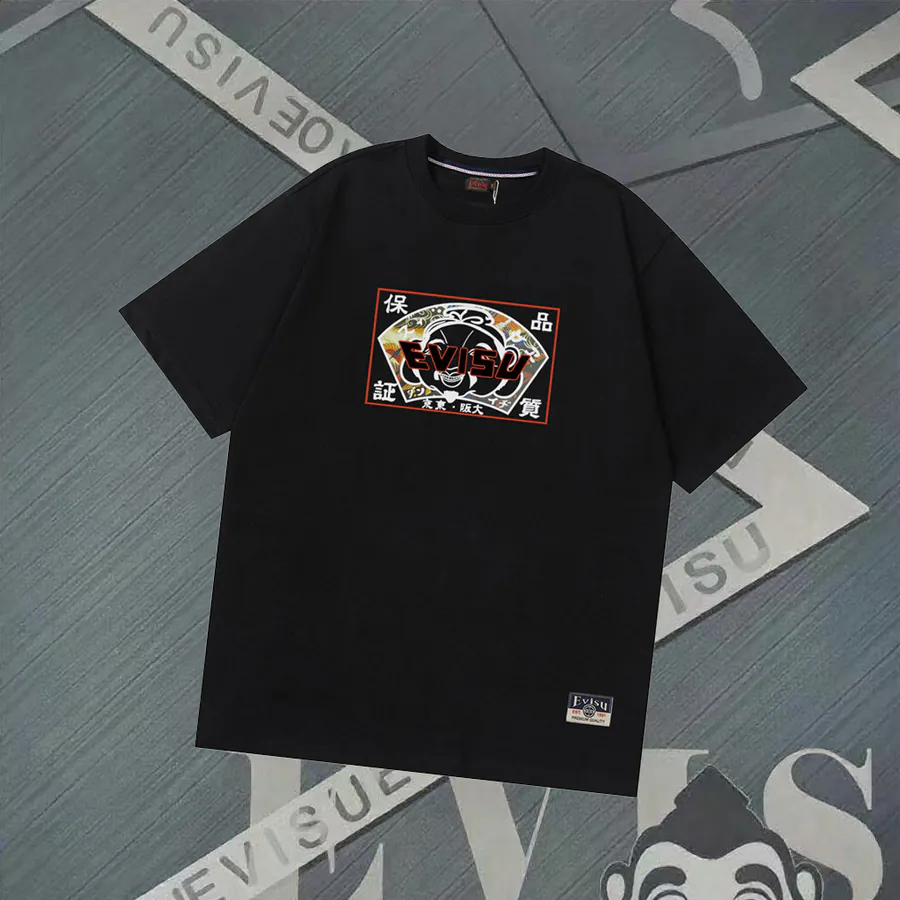 EVISU New Buddha Fan Print Short Sleeve Oversized Casual T Shirt