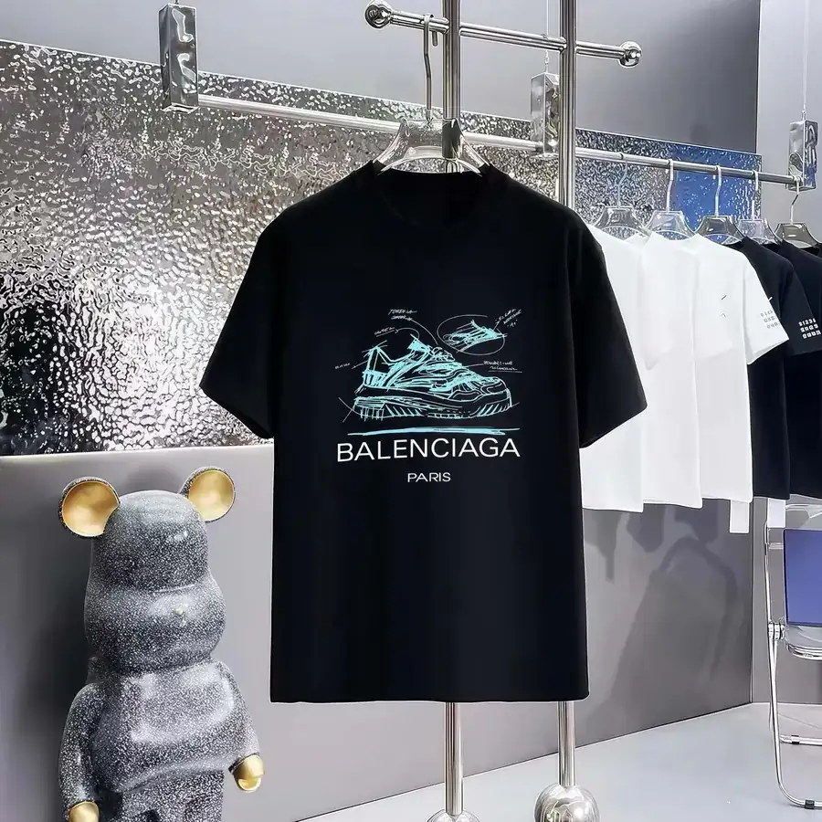 Balenciaga Parisian Print Round Neck Short Sleeve T Shirt