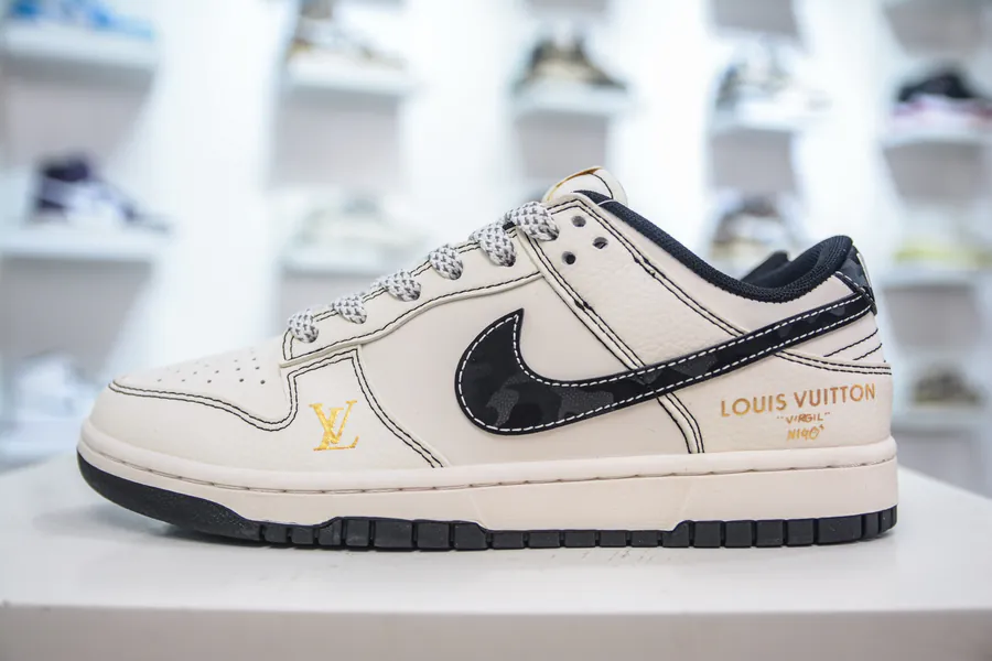 Air x Louis Vuitton Collaboration White, Black, Gold Label Basketball Shoes