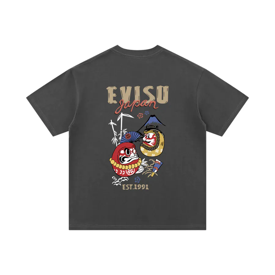 EVISU New Dharma Print Loose Short Sleeve Casual T Shirt for Couples