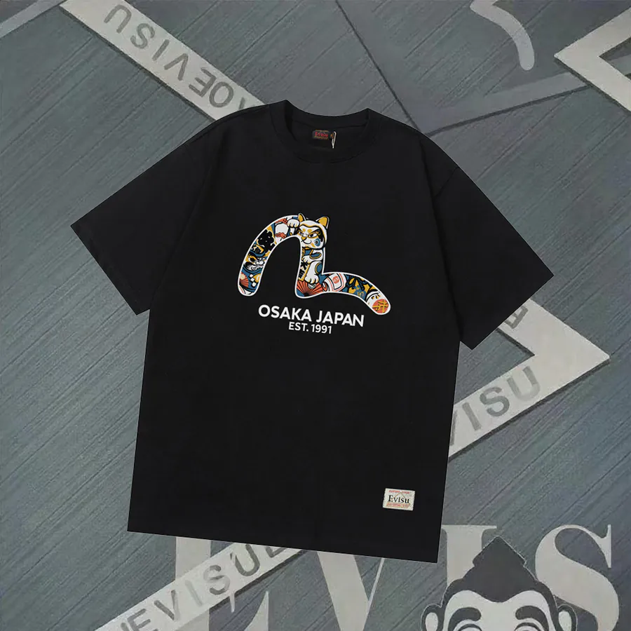 EVISU New Lucky Cat Small Seagull Print T Shirt, Loose Fit
