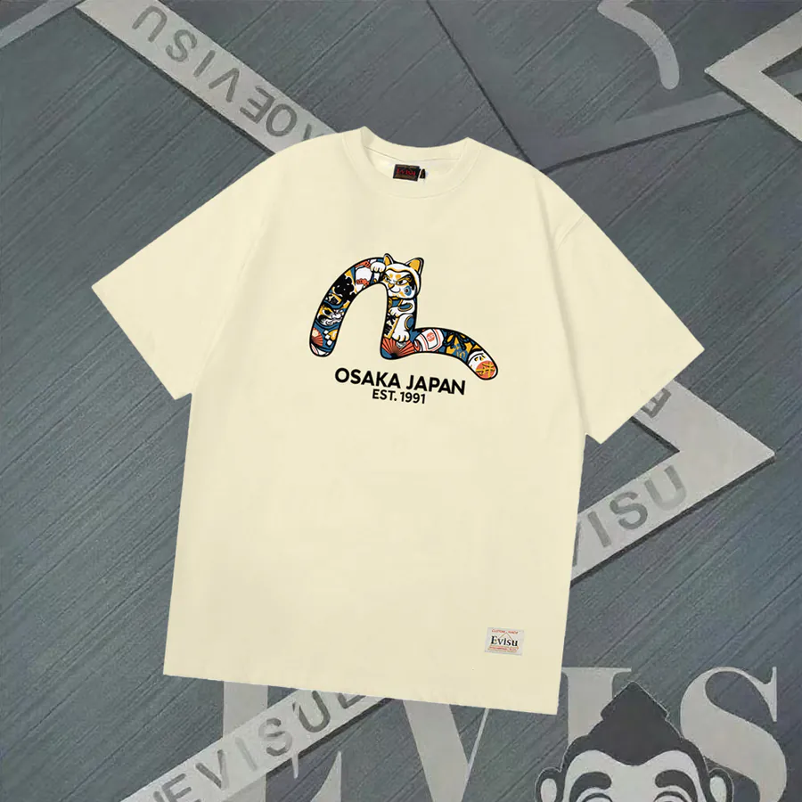 EVISU New Lucky Cat Small Seagull Print Loose T Shirt