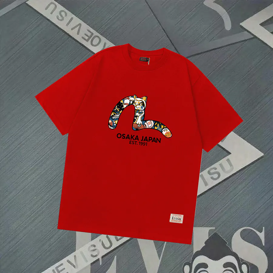 EVISU New Lucky Cat Little Seagull Print Loose Fit T Shirt