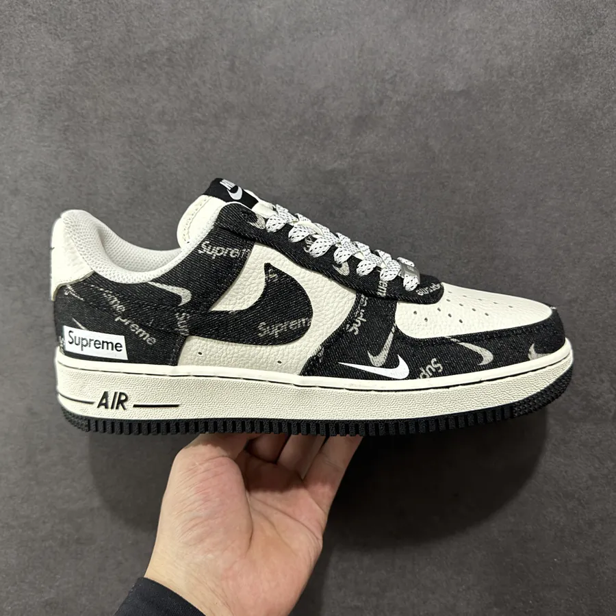 Nike Air Force 107 Low Sup Black Denim White Swoosh Sneakers