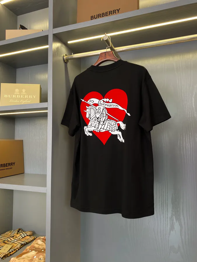 Burberry Cotton T Shirt with EKD Horseback Knight Logo and Heart Pattern