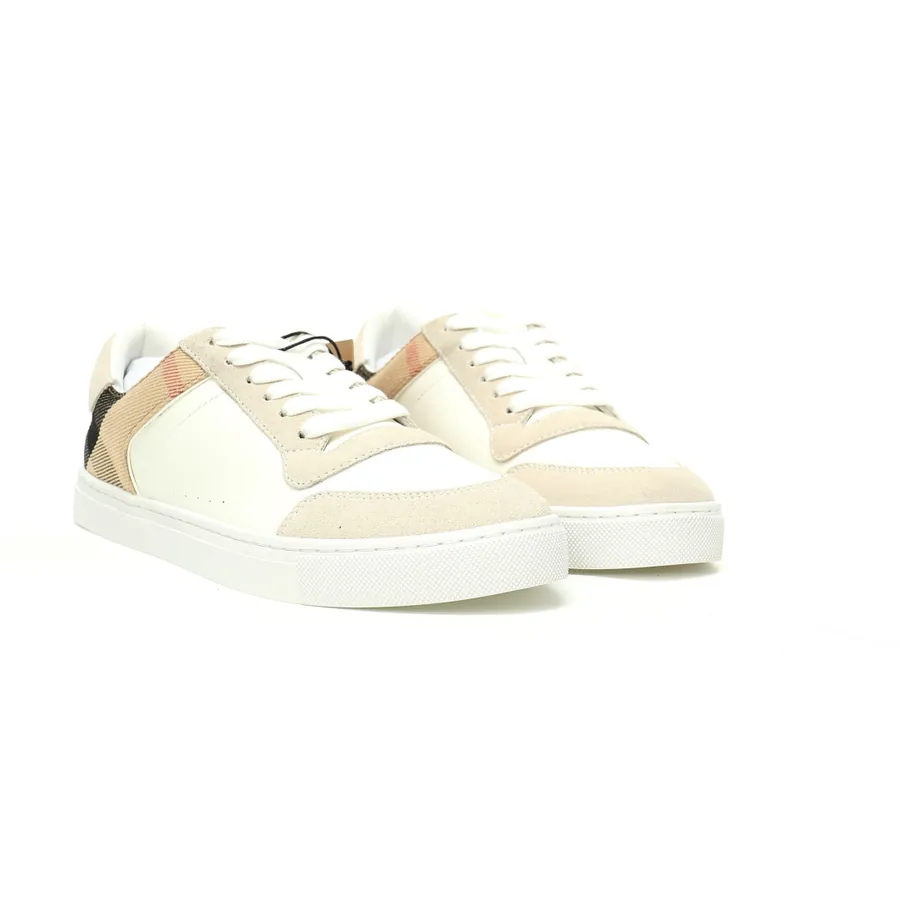 Burberry House Che Low Sneakers White and Khaki Striped Leather