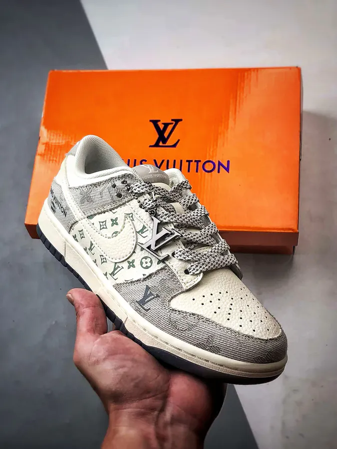 LV Print White Gray Calfskin Low Sneaker
