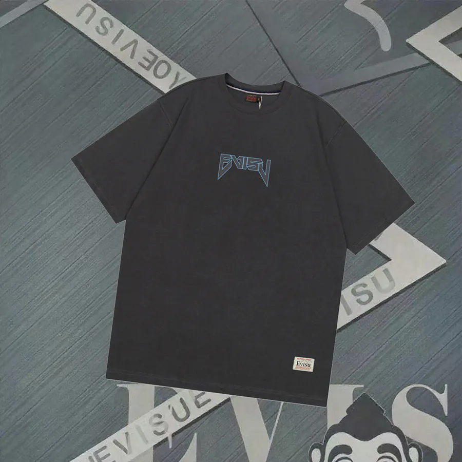 EVISU New Buddha Letter Print Loose Short Sleeve Casual T Shirt for Couples