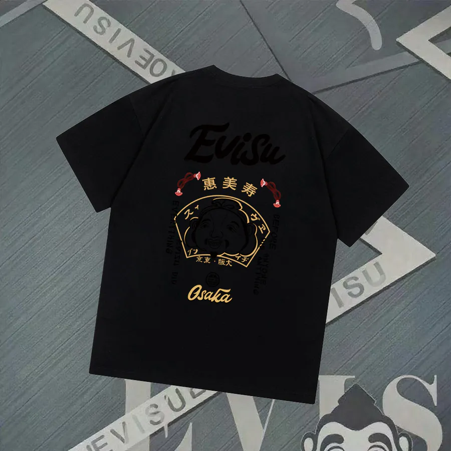 EVISU New Buddha Letter Print Short Sleeve Loose Fit Couple T Shirt