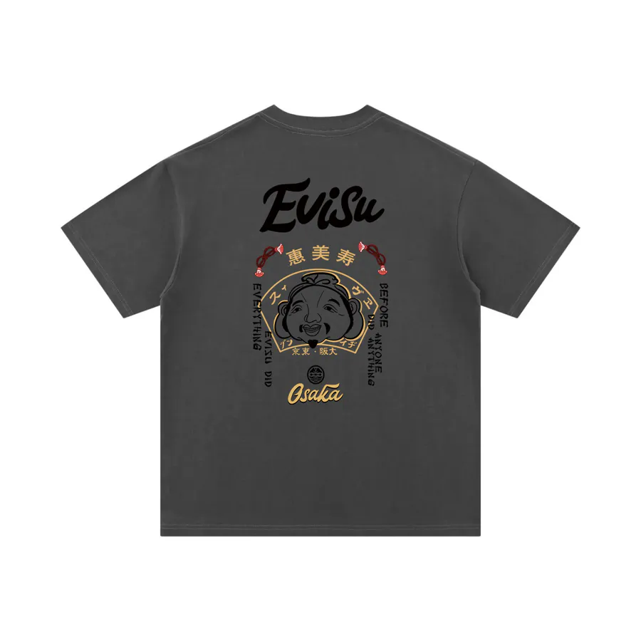 EVISU New Buddha Letter Print Loose Short Sleeve Casual T Shirt for Couples