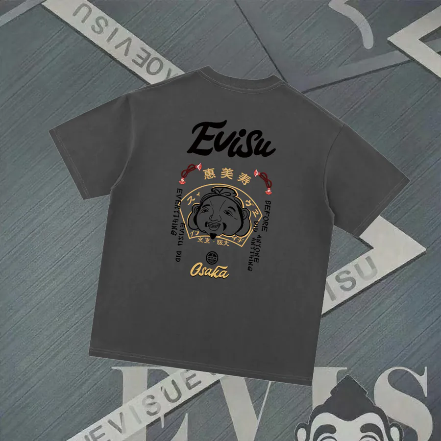 EVISU New Buddha Letter Print Loose Short Sleeve Casual T Shirt for Couples