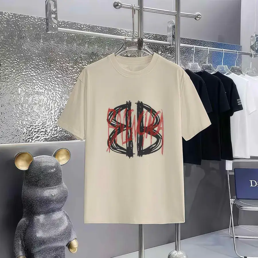 Balenciaga Parisian Print Round Neck Short Sleeve T Shirt