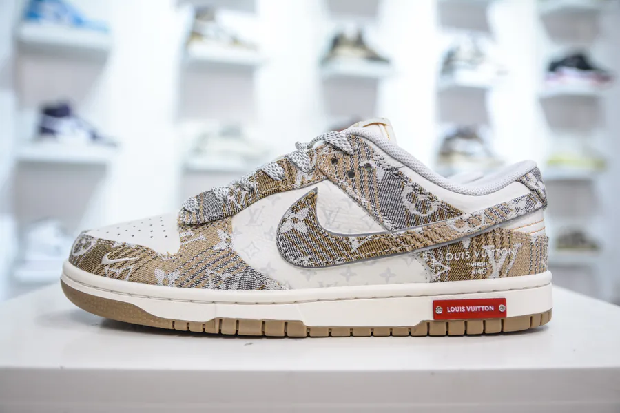 SB Dunk Low x Louis Vuitton Collaboration White Khaki Denim Fabric