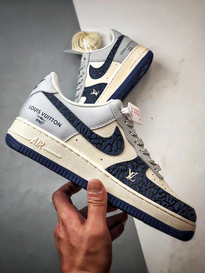 LV x Air Force 1 Low White, Gray, Blue, Stone Pattern