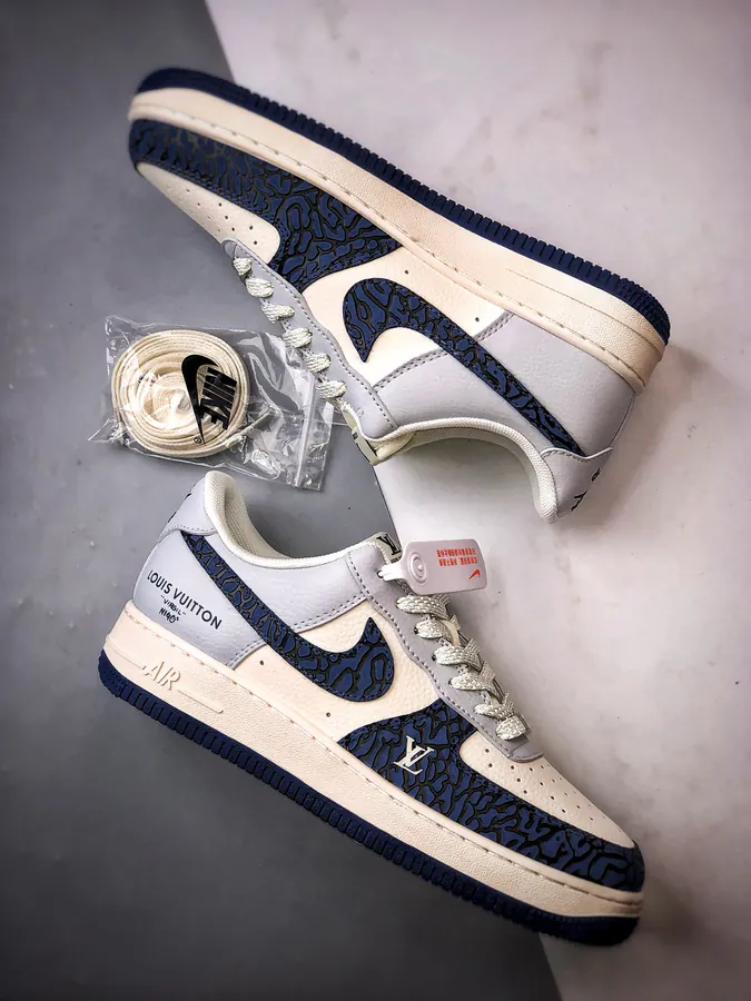LV x Air Force 1 Low White, Gray, Blue, Stone Pattern