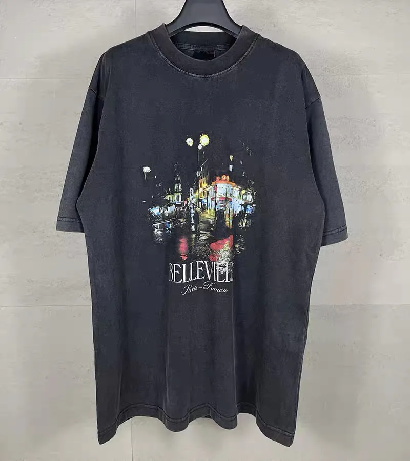 Balenciaga Paris Star Print Washed Denim Short Sleeve