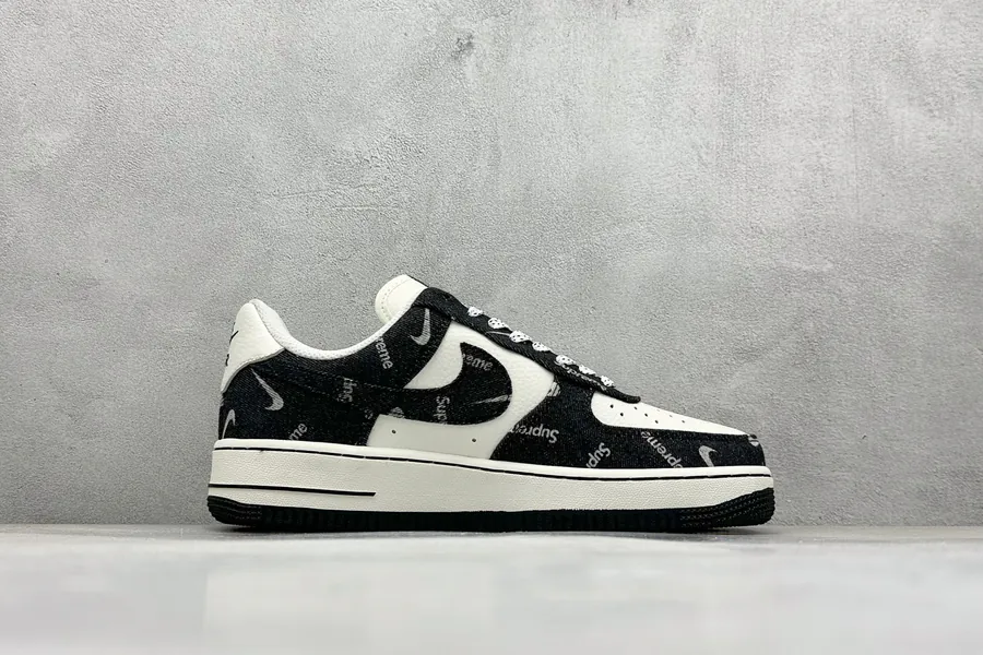 Nike Air Force 107 Low Sup Black Denim White Swoosh Air Force 1 Low Sneaker