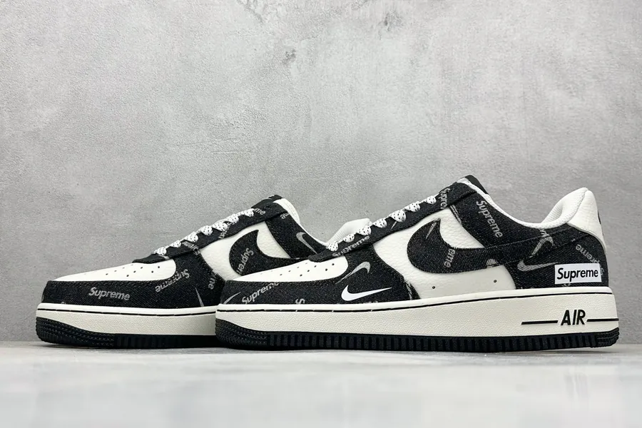 Nike Air Force 107 Low Sup Black Denim White Swoosh Air Force 1 Low Sneaker