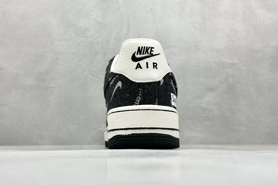 Nike Air Force 107 Low Sup Black Denim White Swoosh Air Force 1 Low Sneaker