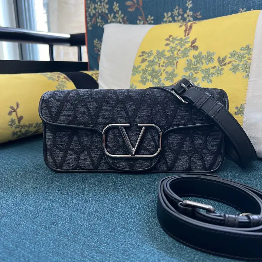 V Logo Mini Locò Leather and Fabric Handbag