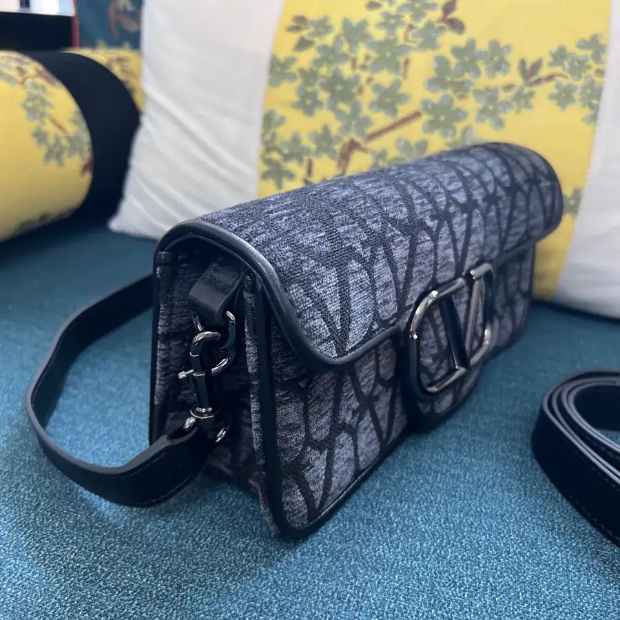 V Logo Mini Locò Leather and Fabric Handbag