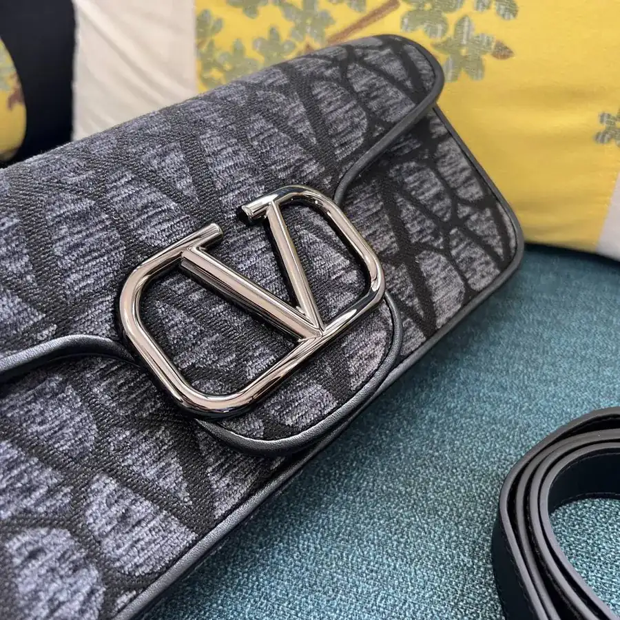 V Logo Mini Locò Leather and Fabric Handbag