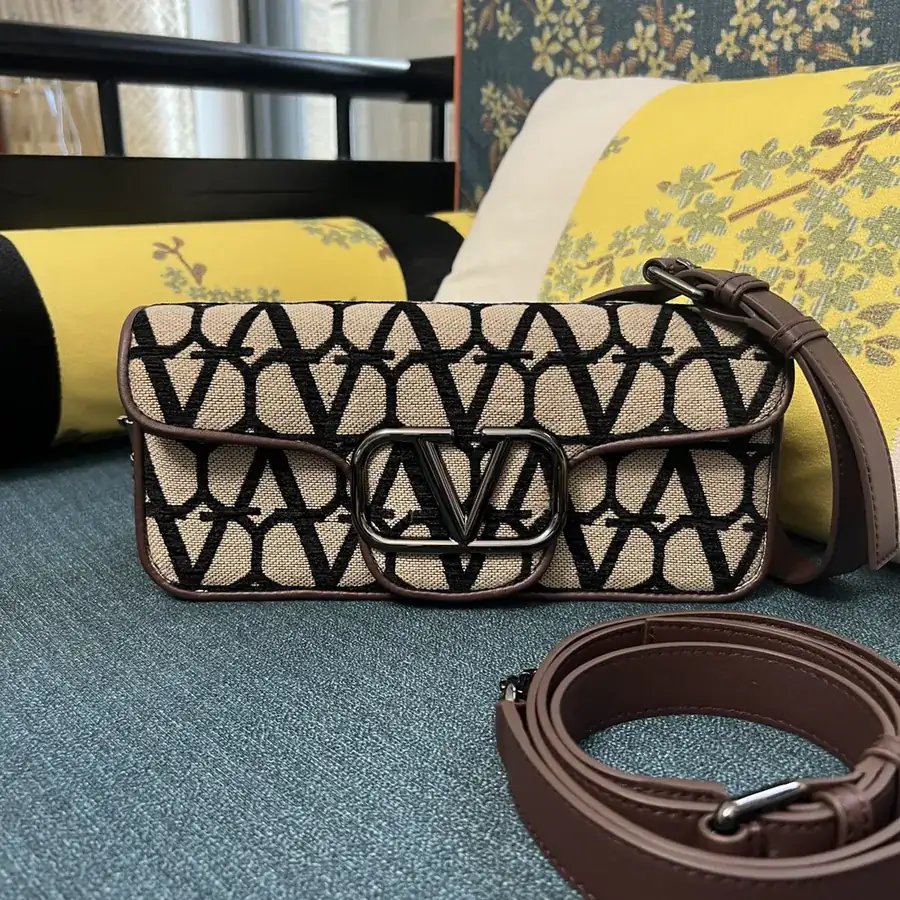 V Logo Mini Locò Calfskin and Fabric Handbag